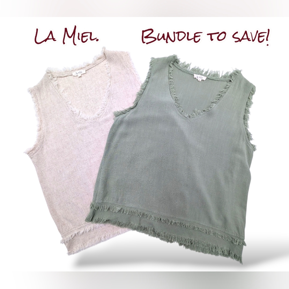 LA MIEL Frayed Hem Tank Tops in Cream and Green